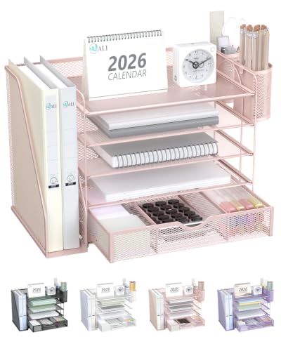 Image of WALI Desk File Organizer, 5 Tier Desktop Paper Letter Tray Organizer with Drawer and 2 Pen Holders, Office Desk Accessories & Workspace Organizers for Office, Home Supplies(DO006DH-P), 1 Pack, Pink
