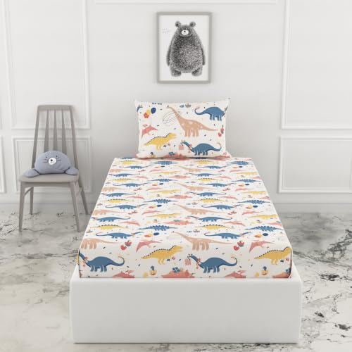 Image of LORETO - A QUALITY LINEN BRAND 144 TC 100% Pure Cotton Single Fitted Bedsheet with 1 Pillow Cover for 72 x 36 Inch Mattress, All-Around Elastic, 8 Inch Deep Pocket, Coral Blue Dino Party