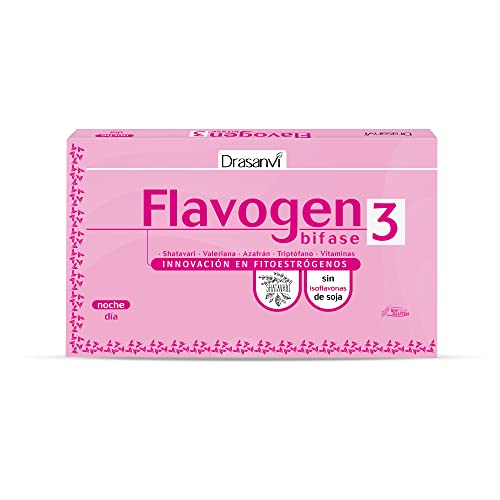 FLAVOGEN BIFASE 3 | Ayuda a Regular la Actividad Hormonal | Cápsula día: Polen, Shatavari, Vitamina B6 | Cápsula Noche: Polen, Valeriana y Triptófano | Fitoestrógenos sin Soja| 60 Cápsulas = 30 Días