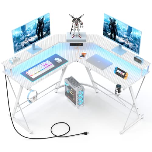 Mr Ironstone White Gaming Desk With Led Lights ＆Power Outlet, L Shaped Computer Corner Desk With Cup Holder ＆ Headphone Hook, Carbon Fiber Home Office Desks With Large Monitor Stand, White, 50'' #TOP25