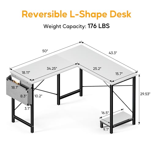 L Shaped Gaming Desk for Students: White, 50 Inch