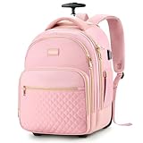 Arcoyard Small Rolling Backpack, 15.6 Inch Underseat Carry On Luggage With Wheels For Adults, Wheeled Backpack for Women, Travel Roller Bag, Pink