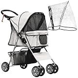 PawHut Hundebuggy, Hundewagen mit Regenverdeck, faltbarer Hundetrolley bis 20 kg, Katzenbuggy für kleine Hunde mit Becherhalter, Netzfenster, Katzenwagen, Grau, 75 x 45 x 97 cm