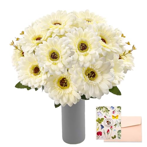 SNAIL GARDEN Lot de 2 bouquets de 14 fleurs de gerbera artificielles avec feuilles et pousses de semis, fleurs artificielles en soie pour fête de mariage,...