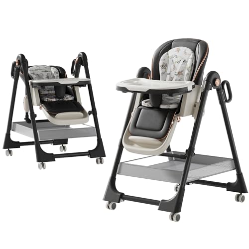 Image of Nine point nine PU Leather Highchair, Adjustable Baby High Chair, High Chairs for Babies and Toddlers, Easy to Fold Baby Chair (X8122 Deep Grey)
