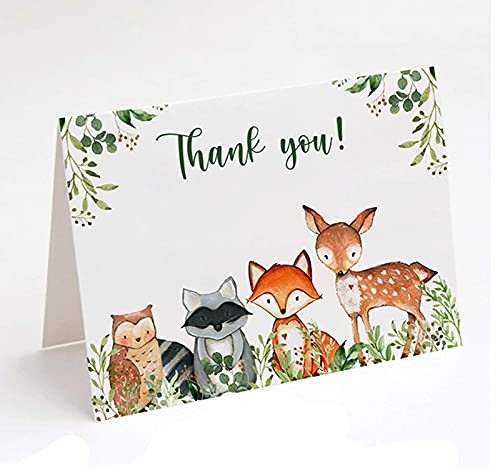 50 Woodland Thank You Cards, 4X6" Forest Animals Greenery Thank You Notes With Matching Green Envelopes & Stickers, Woodland Creatures Notecards Perfect For Woodland Baby Shower And Birthday Party #TOP4