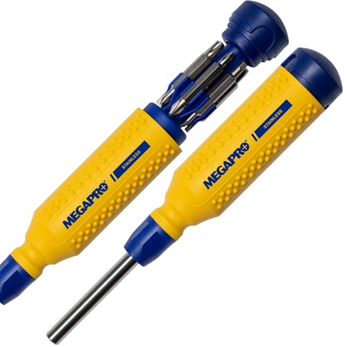 MEGAPRO 15-in-1 Original Multi-bit Screwdriver | Home DIY & Repair | Construction | Tradeswork | 14 Industrial-grade bit tips | 1/4 Hex Drive in shaft (Stainless Steel)