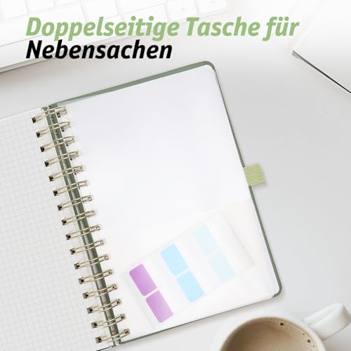 RITOLLO A5 Spiralnotizbuch mit PU-Leder Hardcover, 200 Seiten, 5x5 mm Kariert, Raster-Notizbuch für Arbeit, Studium & Planung (Salbeigrün)