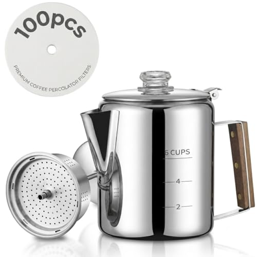 Image of Coffee Percolator with 100pcs Coffee Filters - 6 Cups | Durable Stainless Steel Material Camping Coffee Pot| Brew Coffee On Fire, Grill or Stovetop | Ideal for Home, Camping
