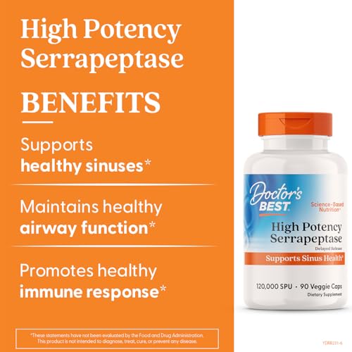 Image of Doctor's Best Serrapeptase Supplement for Men & Women - Proteolytic Enzyme for Sinus & Immune Health Support, 120,000 SPU per Veggie Capsule, High Potency Formula, Non-GMO, Vegan - 90 Veg Caps