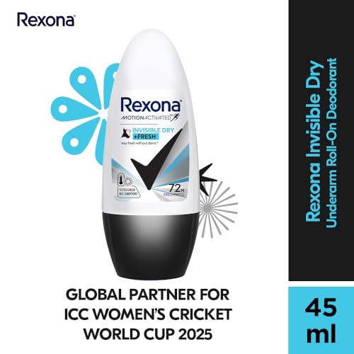 Image of Rexona Invisible Dry + Fresh Roll-On Deodorant for Women | 72-Hour Freshness | No Stains | Alcohol-Free & Gentle on Skin | 45 ML