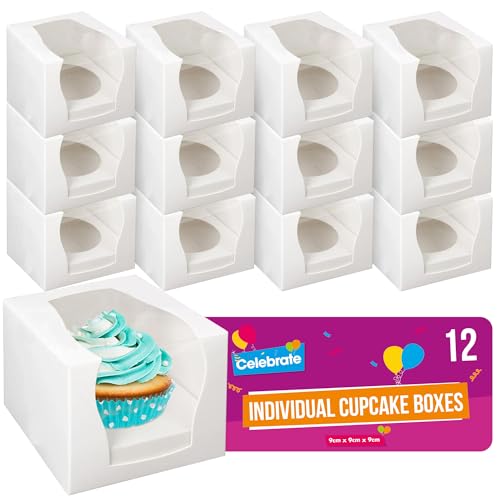SOL 12pk Individual Cupcake Boxes 9x9x9cm Single Cupcake Boxes Individual with Window for Parties Weddings Birthdays Events Durable Cup Cake Packaging for Bakery Desserts Transport Storage