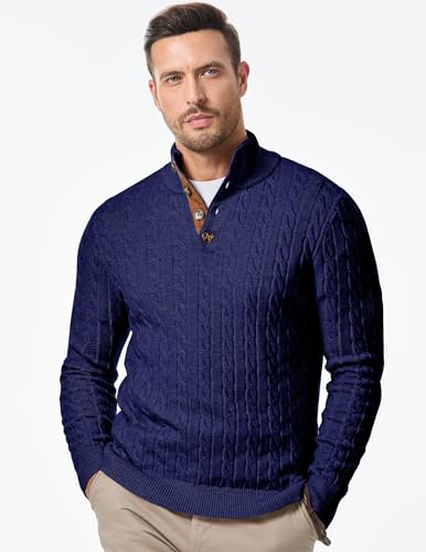 Image of JMIERR Men's Cable Knit Pullover Sweater Casual Long Sleeve Stand Collar Button Knitted Sweaters