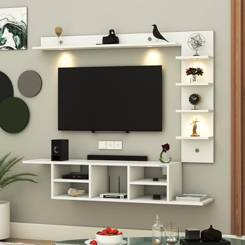 Image of Anikaa LED Light TV Unit Wall Mounted TV Unit Wall TV Cabinet TV Stand for Living Room, Set Top Box Stand - White (D.I.Y - Do-It-Yourself) Ideal for up to 50 inch inches