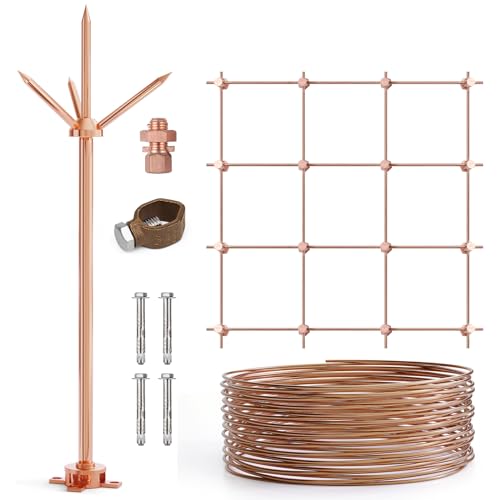 Lightning Rod with 60 Feet 6AWG Down Conductor and DIY Ground Mesh and Clamp UL Listed for House Roof Bungalow Tin House Farm (1.7FT Lightning System Kit)