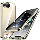 HGUTREY【覗き見防止・自動ポップアップボタン】 iPhone16e 用 ケース 【ロック付き】【ストラップホール付き】全面保護 両面9H強化ガラス あいふぉん16eケース 耐衝撃 アルミ バンパー メタルフレーム スマホケース 薄型 背面クリア 高感度タッチ 軽量 すり傷防止 ワイヤレス充電対応 アイフォン16e 用 カバー 6.1インチ（ゴールド）