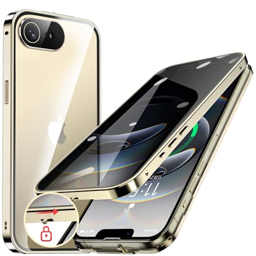HGUTREY【覗き見防止・自動ポップアップボタン】 iPhone17e / 16e 用 ケース【ロック付き】【ストラップホール付き】全面保護 両面9H強化ガラス あいふぉん17e / 16eケース 耐衝撃 アルミ バンパー メタルフレーム スマホケース 薄型 背面クリア 高感度タッチ 軽量 すり傷防止 ワイヤレス充電対応 アイフォン17e / 16e 用 カバー 6.1インチ（ゴールド）