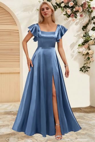 Satin Prom Dresses Short Sleeve Bridesmaid Dresses with Pockets Square Neck Formal Gowns with Slit P01003