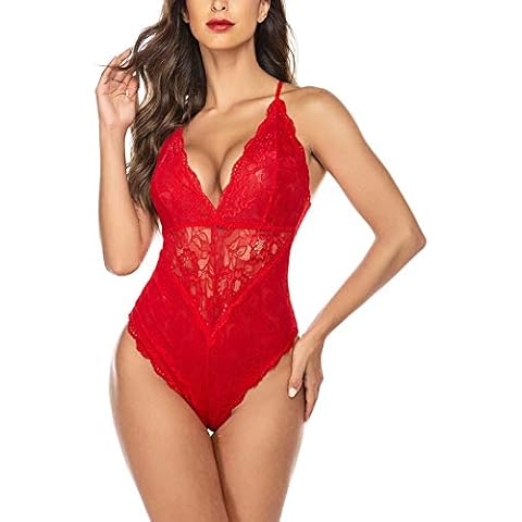 Yivise Lingerie for Women for Sex, Eyelash Snap Crotch Teddy Lingerie Sexy Lace One Piece Babydoll Mini Bodysuit (Red,Large) Cover