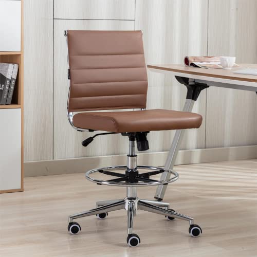 Armless Drafting Chair, Tall Office Desk Pu Leather Chair For Standing Desk, Drafting Stool With Mid Back, Rolling Stool With Footrest, Height Adjustable Swivel Task Chair For Home Office #TOP1