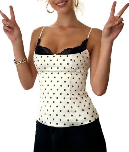 QLQLWDD Women Polka Dot Cami Top Y2k Lace Trim Sexy Backless Sleeveless Slim Fitted Camisole Top Vintage Club Streewear (A White S)