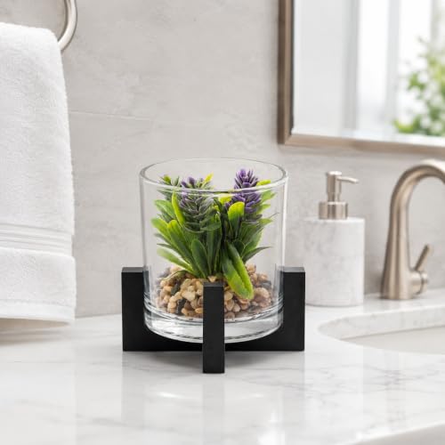 Image of CURATED CART Artificial Plant with Glass Pot for Home Decor, Mini Small Decor Item, Fake Succulent Plant for Office Des, Home Decoration, Artificial Plant with Pebbles & Wooden Stand