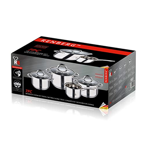 RENBERG-Alexander-Bateria-de-Cocina-de-7-Piezas-Cazo-de-16-cm-y-Cazuelas-con-Tapa-de-Cristal-de-18-20-y-24-cm-de-Diametro-Acero-Inoxidable-Menaje-de-Cocina-Para-Todo-Tipo-de-Cocinas