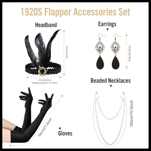 FeelfunFeather Women 1920s Flapper Set,Roaring 20s Headband Headpiece Costume Accessories with Necklace Earrings Gloves for Halloween Party Cosplay(Black-7) - Thumbnail 2