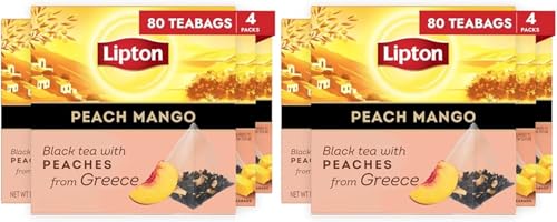 Image of Lipton Black Tea Peach Mango Pyramid Tea Bags Flavored Caffeinated Hot-Tea with Real Greek Peach Pieces and Mango Flavor Rainforest Alliance Certified 80 Teabags, 4 Count (Pack of 2)
