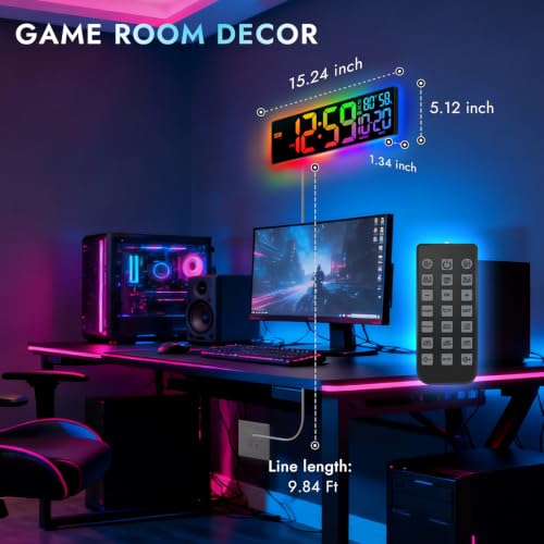 16.5" Large Digital Wall Clock with RGB LED Display & Backlight, Remote - Image 3