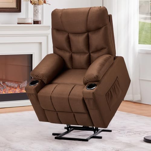 Esright Power Lift Recliner for Elderly, Electric Lift Chair with Heated Vibration Massage,Heavy Duty Electric Recliner with Side Pockets, USB Charge Port & Cup Holders, Brown