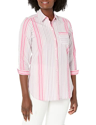 Foxcroft Women's Germaine 3/4 Sleeve Ombre Seersucker Stripe Blouse, Rose Blossom, 6