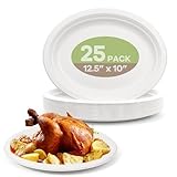 FEHHTO Disposable Oval Paper Plates, 25Pack 12.5inch Biodegradable Paper Plates, Compostable Heavy Duty Bagasse Platters Eco-Friendly Sugarcane for BBQ, Party, Picnic - White
