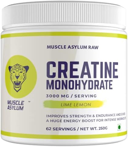 Muscle Asylum Creatine Monohydrate Lime Lemon Flavour | 3000mg Creatine Per Serving | Pre Workout Supplement for Strength, Energy, Endurance & Muscle Recovery | Micronized Creatine Powder | 62 Servings | 250g