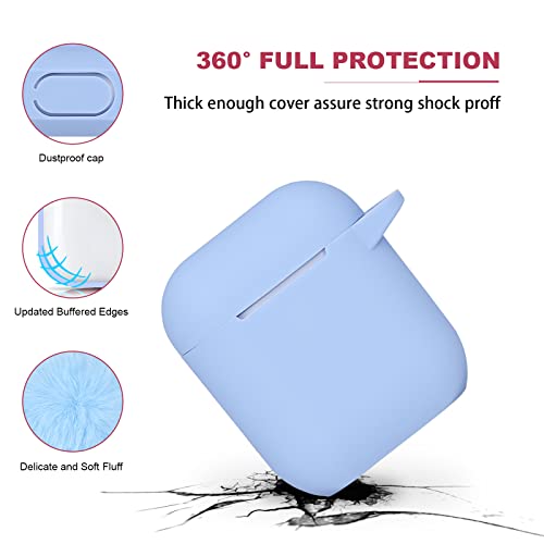 Sky Blue Women Cute Case Designed For Airpods Cover With Pom Pom, Silicone Protective Keychain Case Compatible With Airpods 1/2, Accessories Keychain And Pom Pom #TOP2