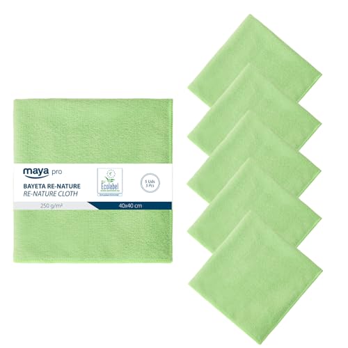 Maya Bayeta RE-Nature. Pack 5 Unidades Microfibra Reciclada 40 x 40 cm. 250 g/m². Uso Profesional con Certificación EU Ecolabel (Verde)