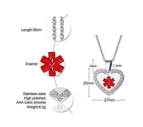 MEALGUET Personalized Custom Stainless Steel CNC Cubic Zirconia Heart Shape Medical Alert ID Pendant Necklace for Women with Chain2