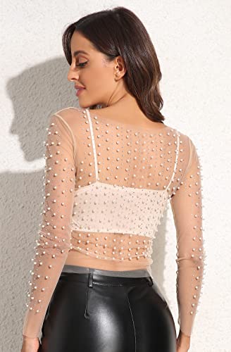 Women's Pearl Rhinestone See Through Long Sleeve Mesh Blouse One Piece Cover Up Halloween Festival Crop Top2