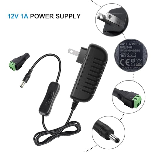 Image of 12V Power Supply, 12 Volt 1A 12W DC Power Supply with On Off Switch, Black Switching LED Power Adapter, AC 110V to 12V Transformer Plug for LED Strip Lights with 5.5 /2.1 DC Female Connector, 3 Pack