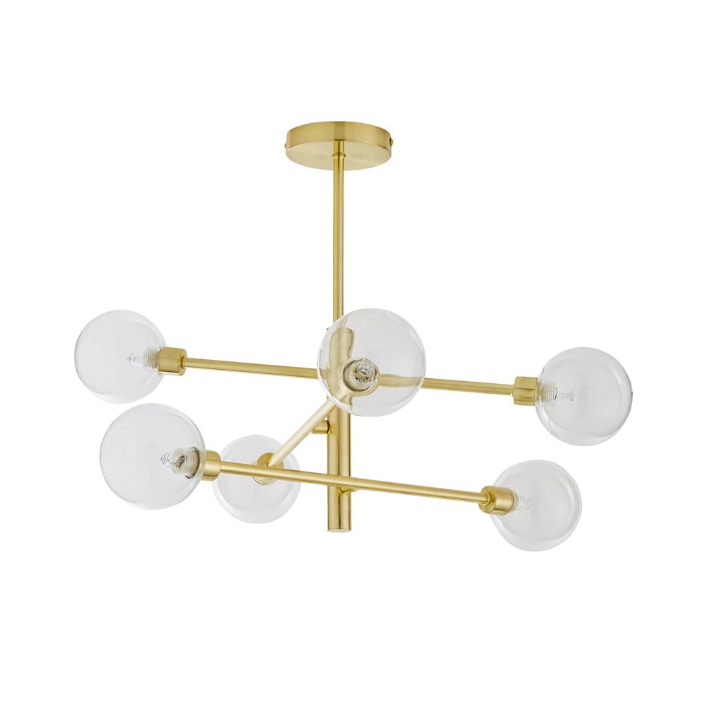 Litecraft Satin Brass Supa Semi Flush Stick Ceiling 6 Light With Clear Glass Shades - Brass