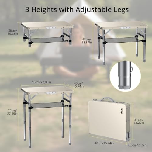 Anbte 2ft Small Plastic Folding Table, Waterproof 3 Adjustable Height Portable Camping Table with Storage Net, Flat Tabletop, for Picnic Indoor Outdoor Travel Beach Patio, 22.8" X 15.7", Grey + Silver by Anbte - Image 2