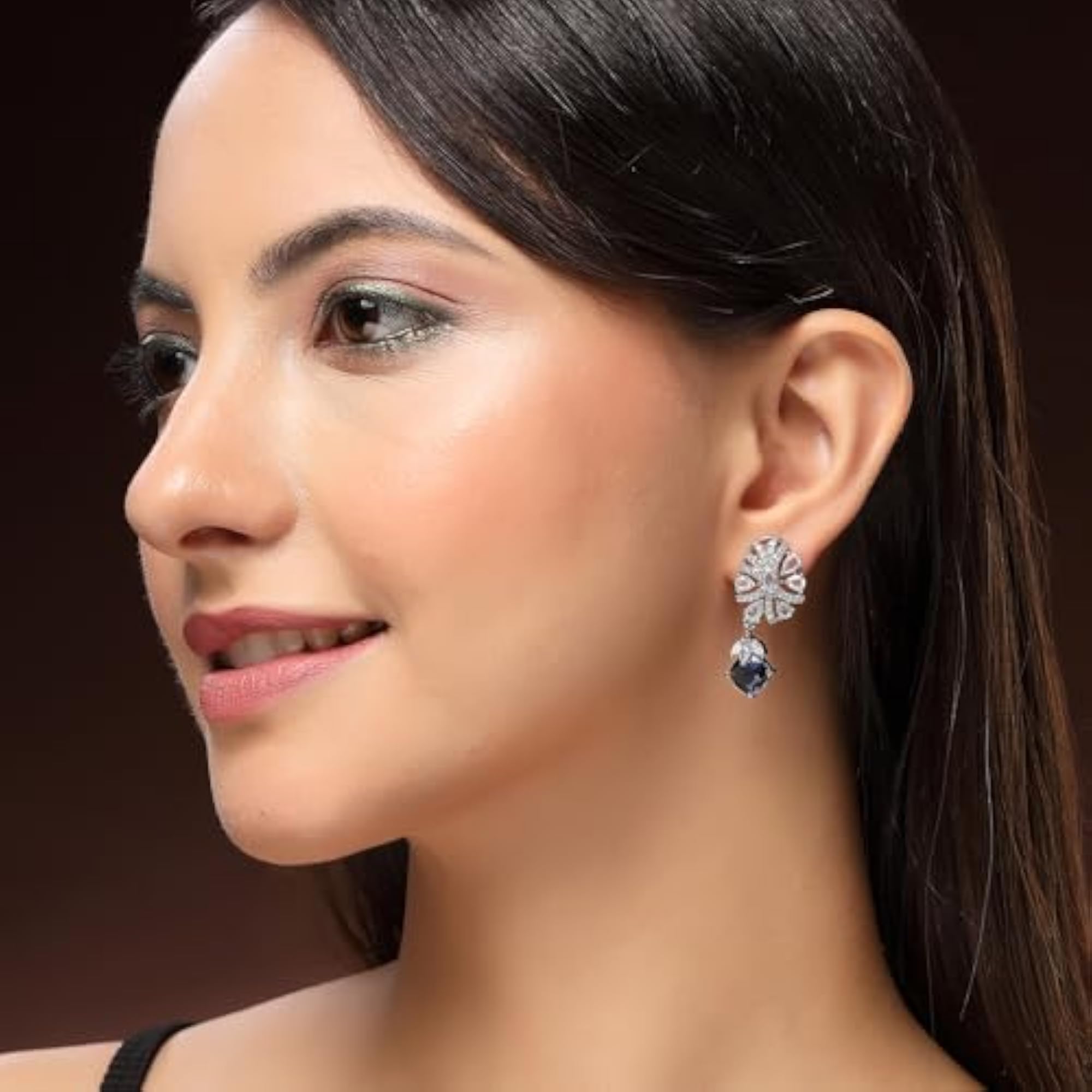 Women's Rhodium Plated Leaf Shaped American Diamond Studded Drop Earrings
