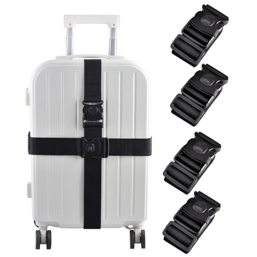 Luggage Straps for Suitcases Heavy Duty Adjustable Travel Belts with Sliding Buckle Easy to Identify Travel Accessories for Connecting Two Suitcases 4 Pack (Black)