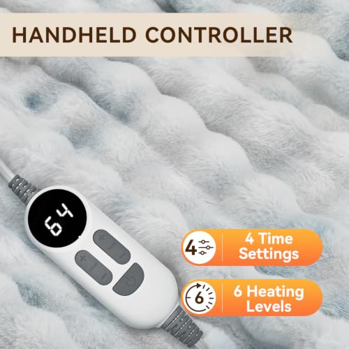 Anysay Heated Blanket Throw with 1/2/3/4 Hours Auto-Off 6 Heat Levels, 51" * 61" Cozy Faux Rabbit Fur Bubble Electric Blanket with Overheat Protection(Tie-Dye Blue) by Anysay - Used condition - Image 5