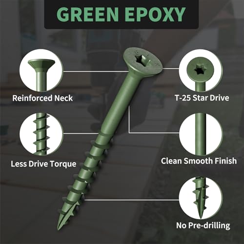 Image of Wood Screws 2 Inch, FIXLINK Deck Screws #8 x 2, 310 PCS, Epoxy Coated, T25 Star Bit Above 1500 Hour Salt Spray Coating Outdoor Decking Screws Excellent Rust Resistant for Wood Fence, Green
