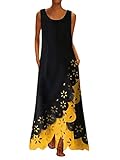 Minetom Damen Elegant Ärmellos Böhmen Farbblock Unregelmäßiger Saum Blumenspitze Lose Cocktail Party Maxi Kleid mit Taschen C Gelb 38