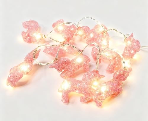Image of FLCSIed Pink Twinkle Unicorn Animal Theme Cute Fairy Decorative String Lights Battery Operated, Rope Lights Lit by 20 LEDs 2M for Holiday Camping Wedding Bedroom Decoration (Pink)