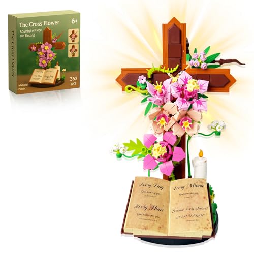 JYPRYMO Jesus Set Cross Flower Building Block Set, Christian Crucifix Floral Decor for Adults, Faith Inspired Religious Display for Home Desk, Bible Gift for Easter Cross Brick Set, Prayer Room