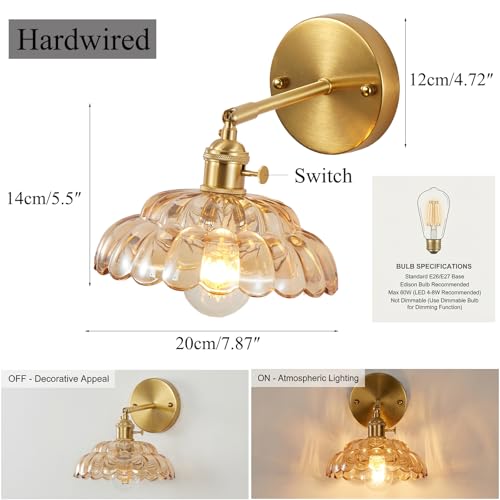 Image of Industrial Style Amber Glass Wall Lights Bedside Lamp with Brass Socket Compatible with E26 /E27 Bulbs 110V /120V Hardwired Wall Sconce with Switch