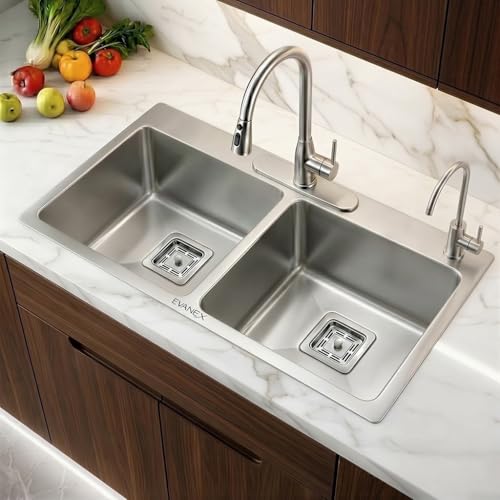 Image of EVANEX Double Bowl Kitchen Sink - 37x18x10 inches | 304 Stainless Steel Handmade Kitchen Sink Including Coupling, Waste Pipe & Drain Basket | Sink for Kitchen Basin | Kitchen Sink with Tap Hole
